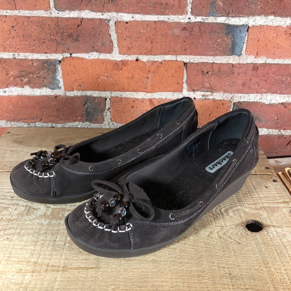 Skechers Womens Moccasin Wedges Brown Suede
